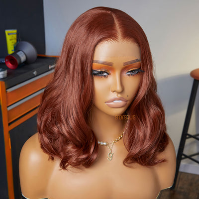 Red on the Beach | Orange Brown Lob Premium Fiber Lace Frontal Wig-03