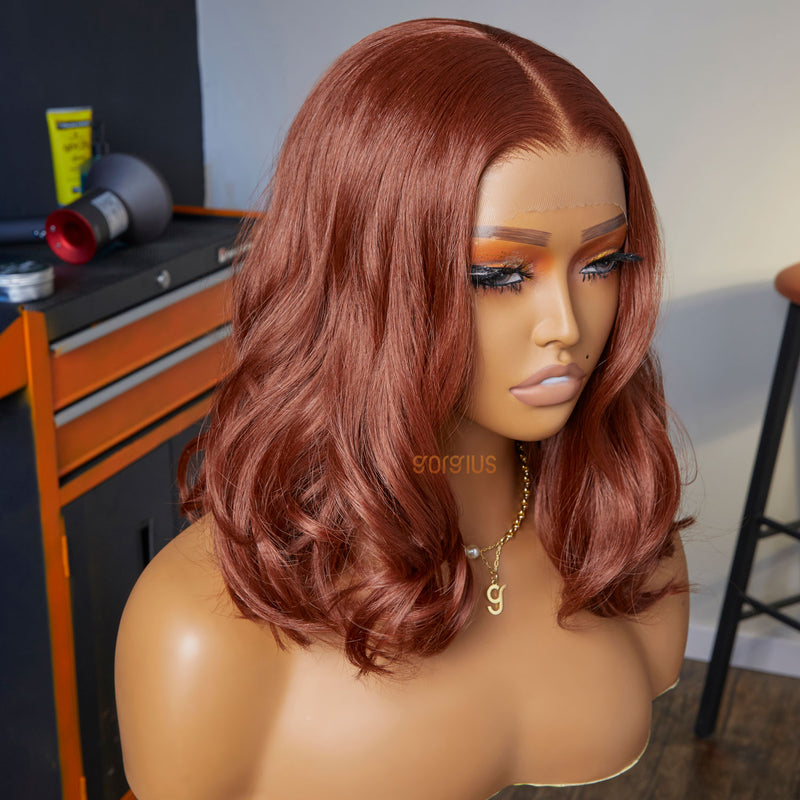 Red on the Beach | Orange Brown Lob Premium Fiber Lace Frontal Wig-02