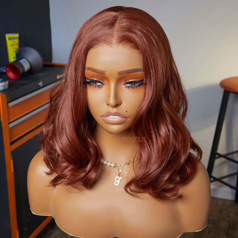Red on the Beach | Orange Brown Lob Premium Fiber Lace Frontal Wig-04