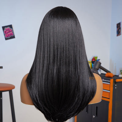 Smooth Day | Work-Friendly Natural Black Side Part Silky Straight pre-Plucked Premium Fiber Lace Frontal Wig-04