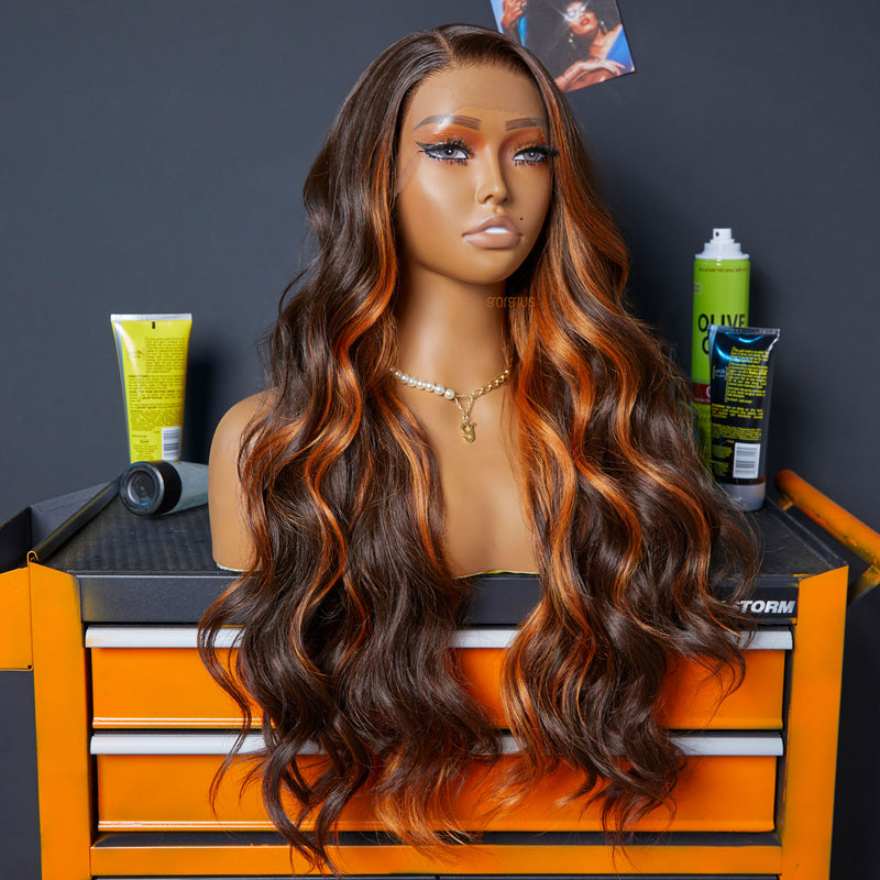 Fiery Touch | Salon Blowout Orange Highlight Premium Fiber Lace Frontal Wig-02