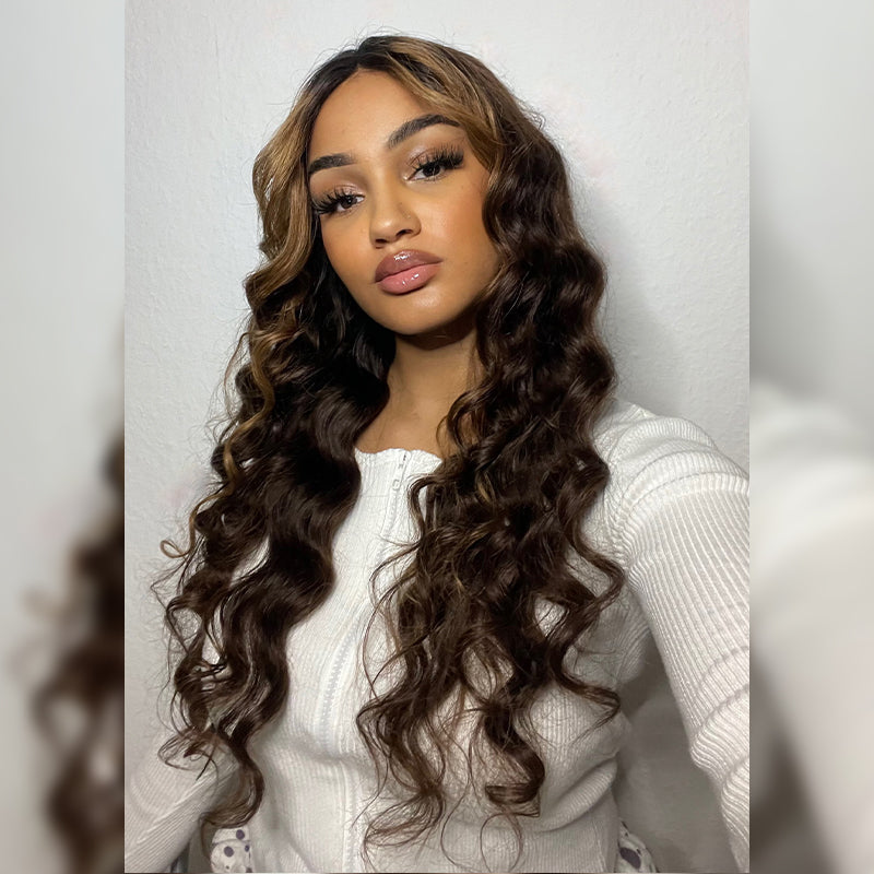 Gorgius Chocolate Brown Highlight Y-Shape Swiss HD Lace Loose Wave Wig-02