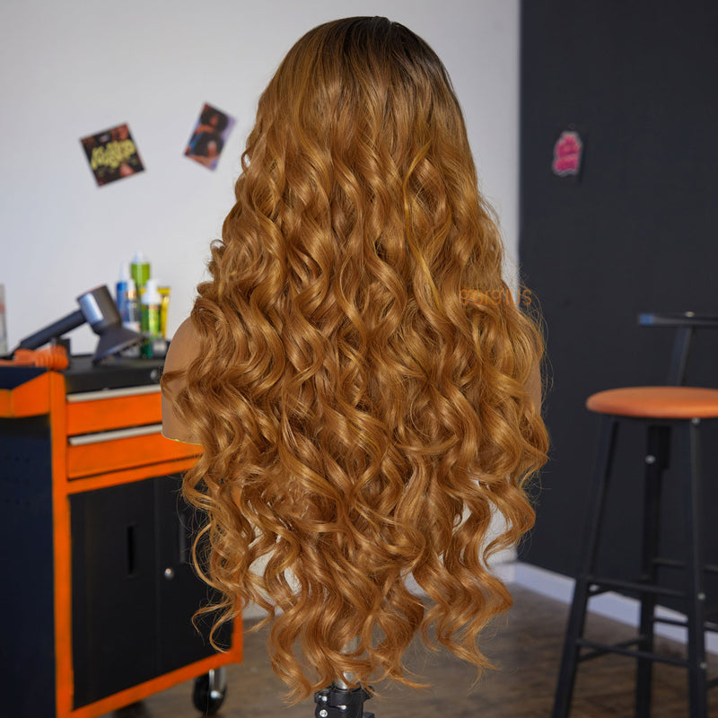 Robe de soirée | Bouncy Roll Curly Ombre Brown Premium Fiber Lace Frontal Wig-04