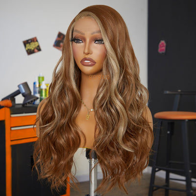 Metallic Romance | Quick & Easy Affordable Blonde Highlight Curly Side Part Premium Fiber Lace Frontal Wig-02