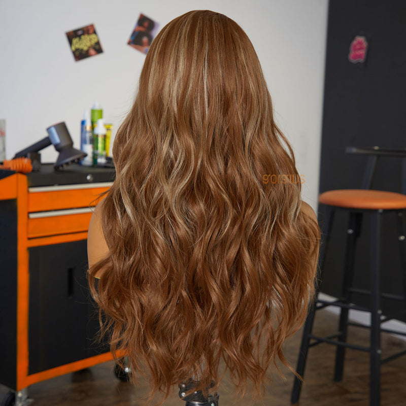 Metallic Romance | Quick & Easy Affordable Blonde Highlight Curly Side Part Premium Fiber Lace Frontal Wig-04