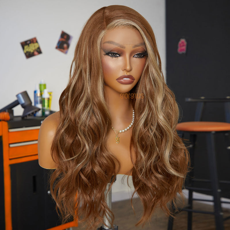 Metallic Romance | Quick & Easy Affordable Blonde Highlight Curly Side Part Premium Fiber Lace Frontal Wig-03