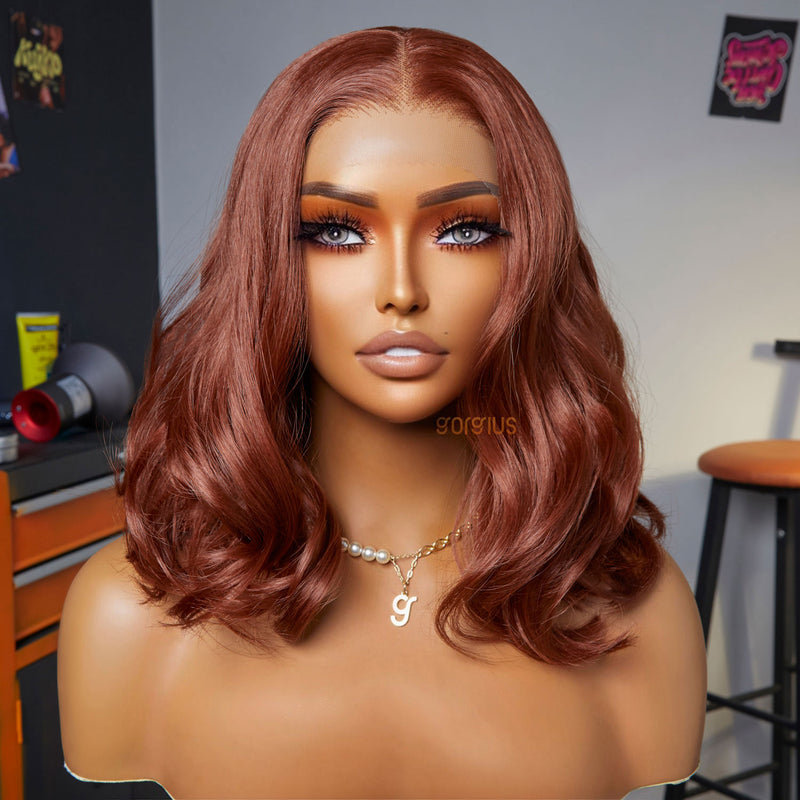 Red on the Beach | Orange Brown Lob Premium Fiber Lace Frontal Wig-01