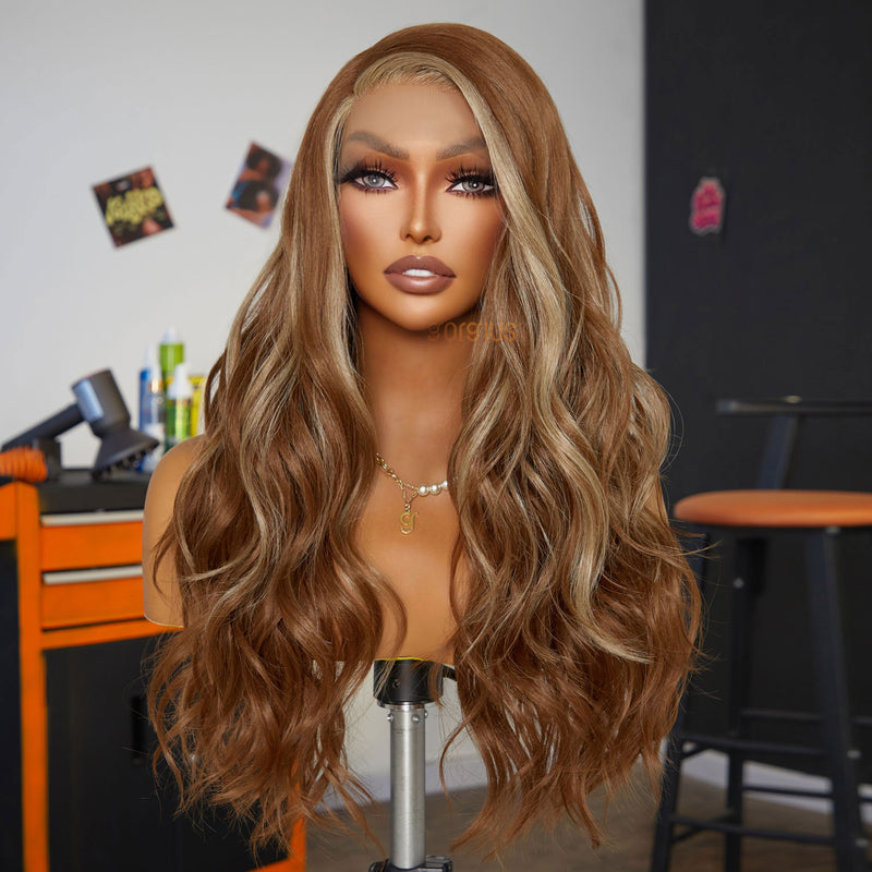 Metallic Romance | Quick & Easy Affordable Blonde Highlight Curly Side Part Premium Fiber Lace Frontal Wig-01