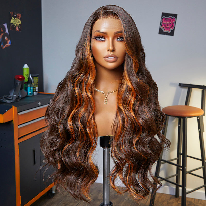 Fiery Touch | Salon Blowout Orange Highlight Premium Fiber Lace Frontal Wig-01