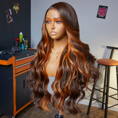Fiery Touch | Salon Blowout Orange Highlight Premium Fiber Lace Frontal Wig-03
