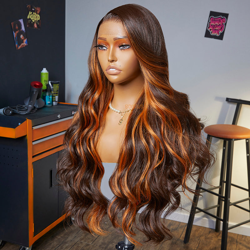Fiery Touch | Salon Blowout Orange Highlight Premium Fiber Lace Frontal Wig-03