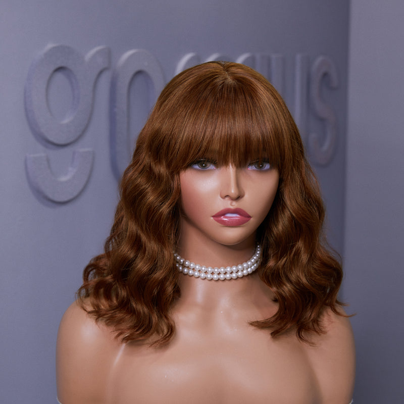 Gorgius Caramel Brown Color Y-Shape Swiss HD Lace Ocean Wave Wig With Bang