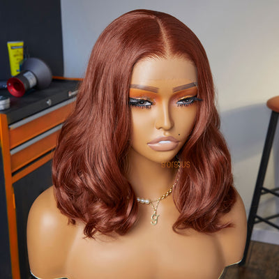 Red on the Beach | Orange Brown Lob Premium Fiber Lace Frontal Wig