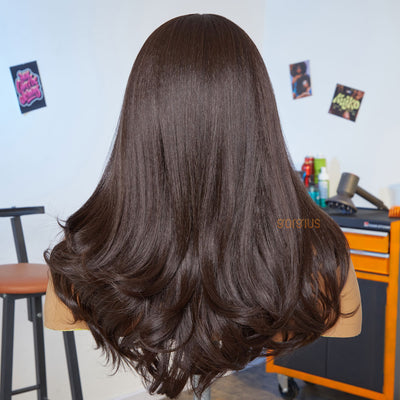 Brunette Silk | Pre Cut Lace Dark Brown Layered S-Shape Loose Curly  Premium Fiber Wig