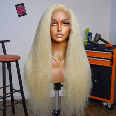 Kinky Blonde | High Density Kinky Straight Blonde #613 Side-Parted Premium Fiber Lace Frontal Wig