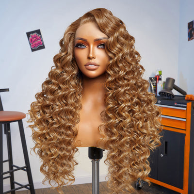 Golden Glam | Pre-Plucked Light Brown Bouncy Roll Curly Side Part Premium Fiber Long Wig