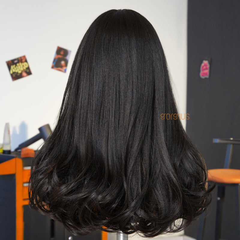 Elegance-on | Pre Cut Lace Natural Black Curtain Bang Premium Fiber Wig