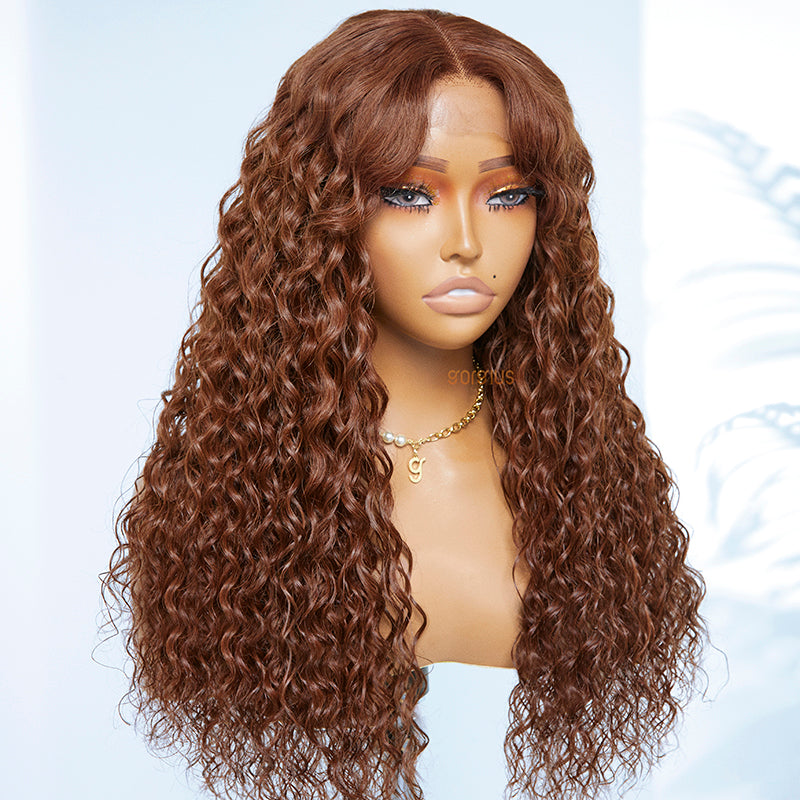 Gorgius Chestnut Brown Water Wave  4*4 Lace Curtain Bang Wig